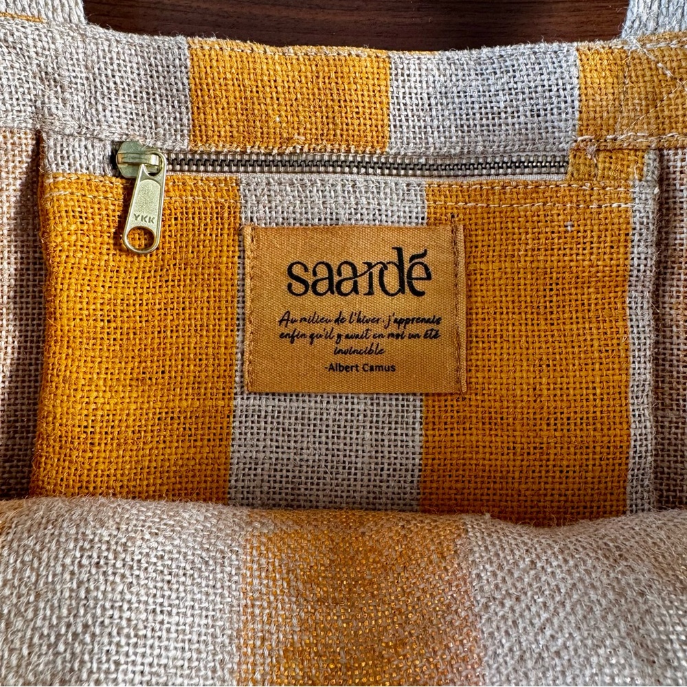 Saardé 100% Natural Woven Jute Market Bag in Mustard Stripe - Beach Pool Tote - Picture 9 of 15